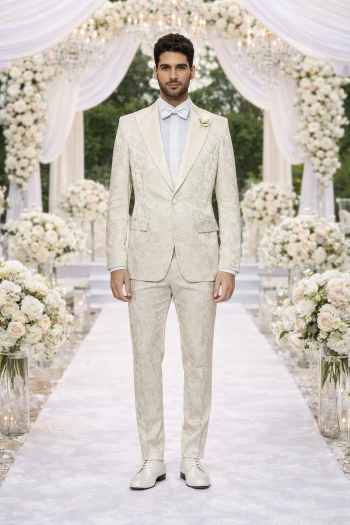Rossiman Men’s Champagne Ivory Jacquard Paisley Tuxedo - Satin Shawl Lapel by USA Men's Outlet