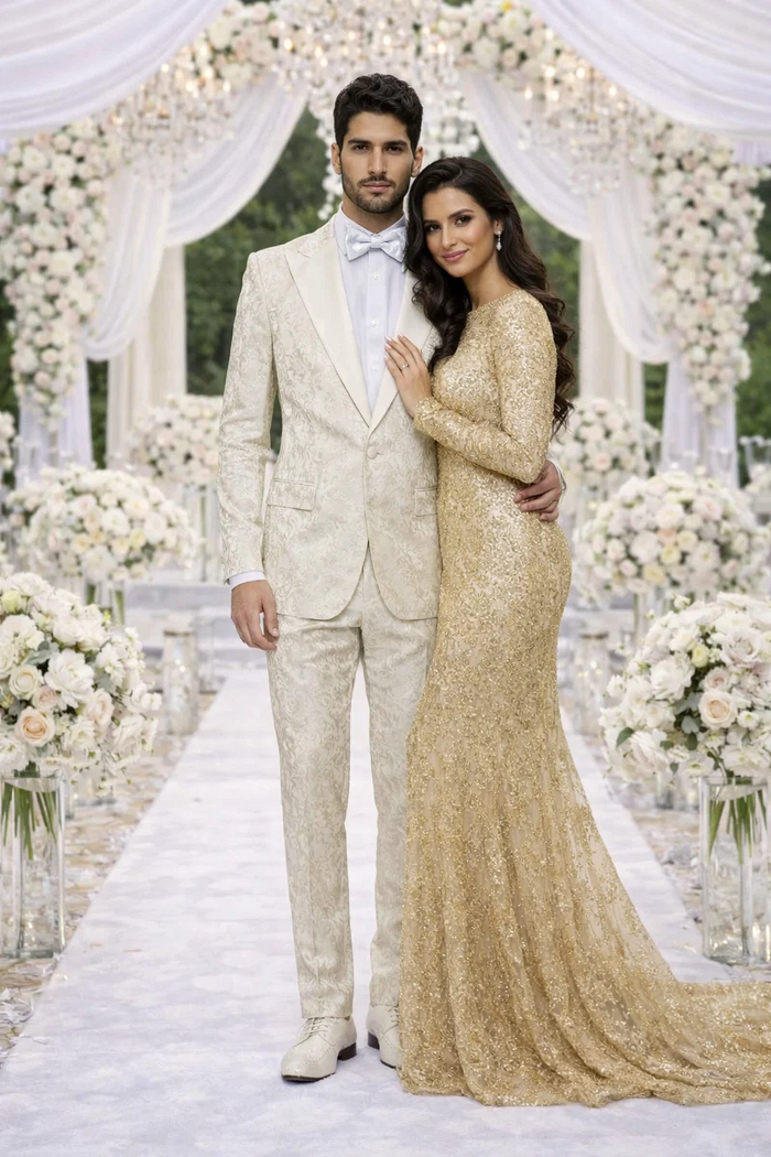Rossiman Men’s Champagne Ivory Jacquard Paisley Tuxedo - Satin Shawl Lapel by USA Men's Outlet