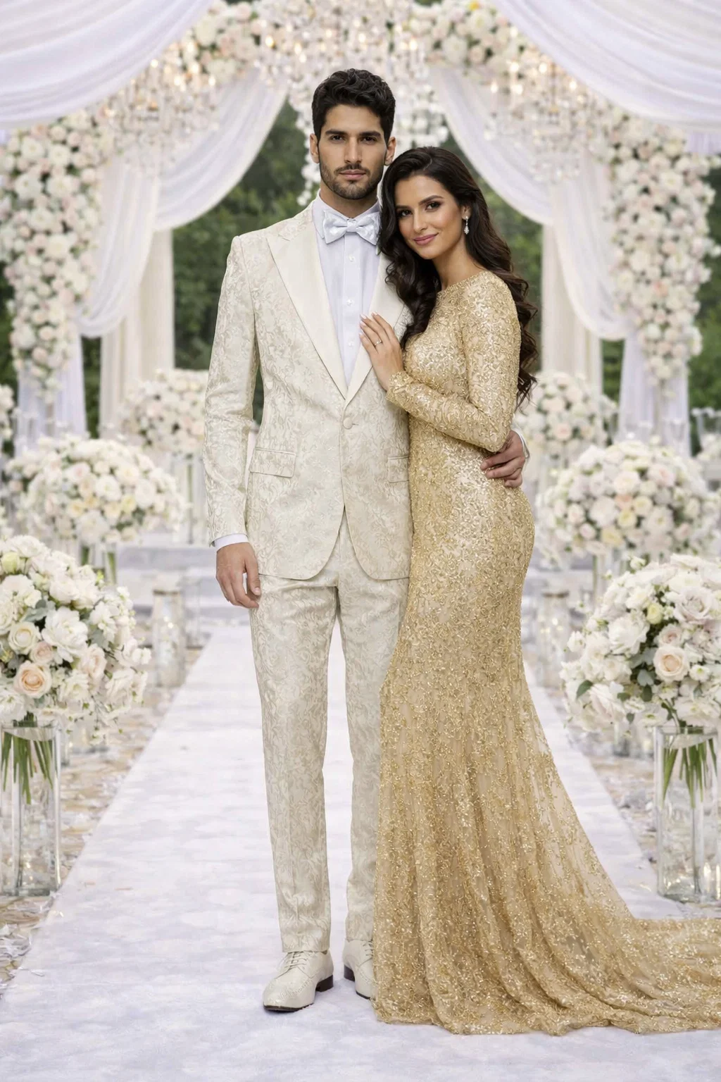 Men’s Champaign Ivory Jacquard Paisley Tuxedo Suit with Satin Shawl Lapel - Elegant Wedding and Prom Outfit By Rossiman USA Men's Outlet