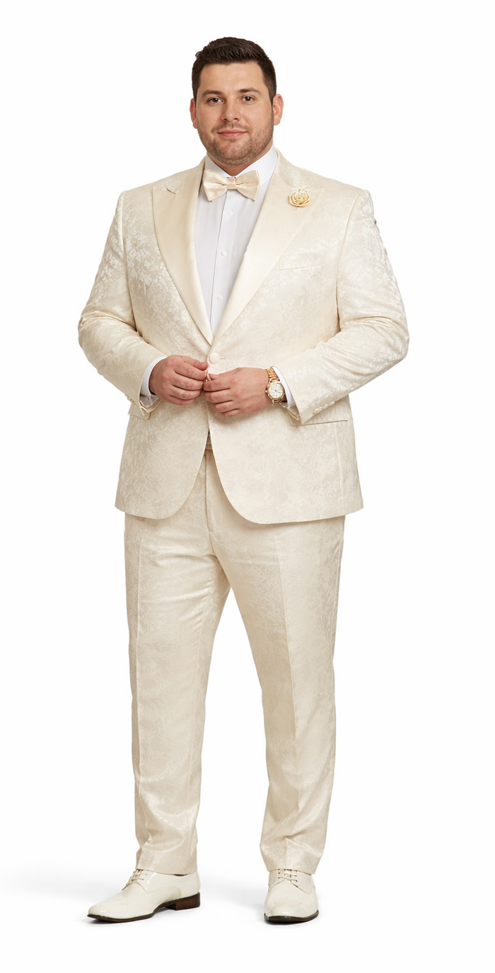 Rossiman Men’s Champagne Ivory Jacquard Paisley Tuxedo - Satin Shawl Lapel by USA Men's Outlet