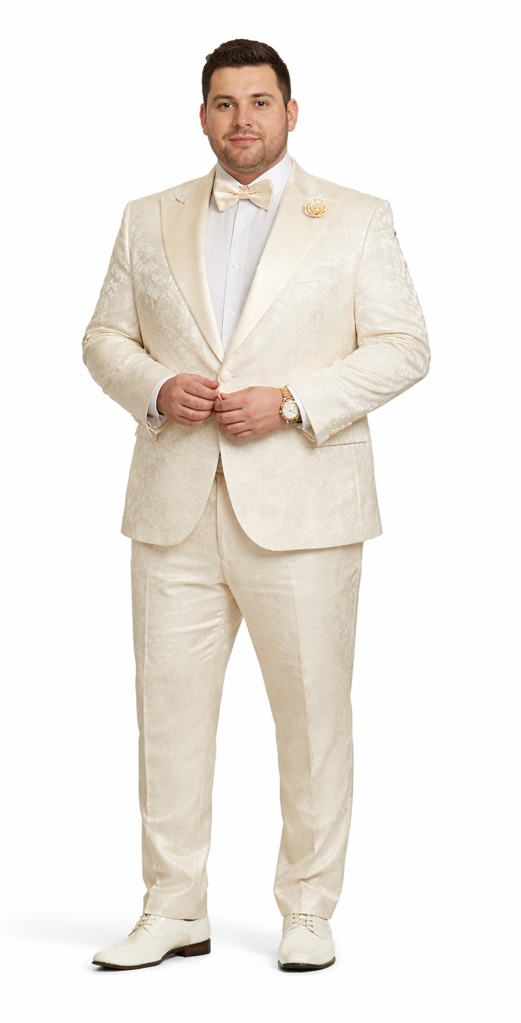 Rossiman Men’s Champagne Ivory Jacquard Paisley Tuxedo - Satin Shawl Lapel by USA Men's Outlet
