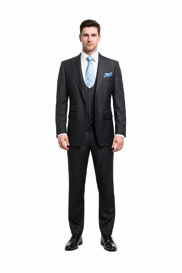 Rossiman Men’s Dark Gray Slim Fit Suit - 3-Piece Vested Set with Flat Front Pants - Italian Tailored Modern Elegance USA Men's Outlet