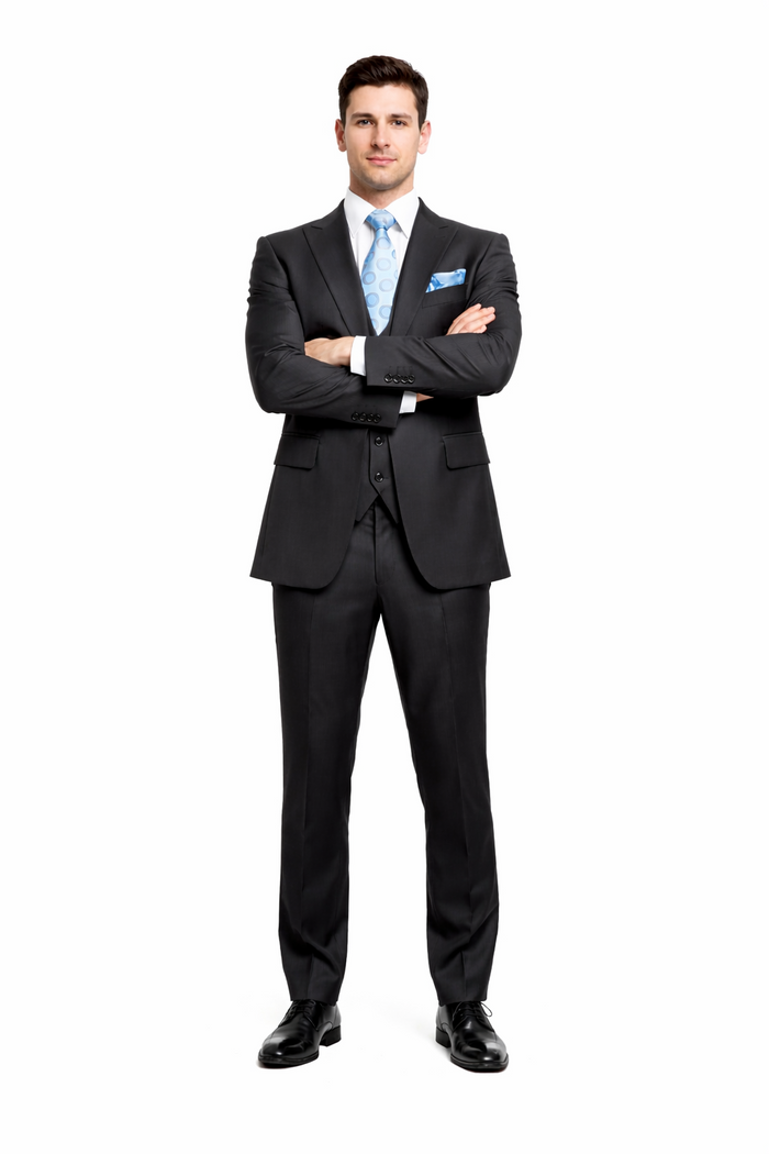 Rossiman Men’s Dark Gray Slim Fit Suit - 3-Piece Vested Set with Flat Front Pants - Italian Tailored Modern Elegance USA Men's Outlet