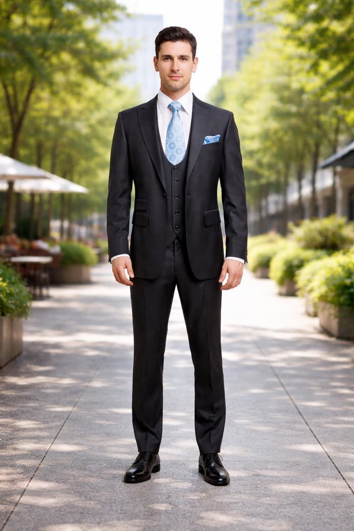 Rossiman Men’s Dark Gray Slim Fit Suit - 3-Piece Vested Set with Flat Front Pants - Italian Tailored Modern Elegance USA Men's Outlet