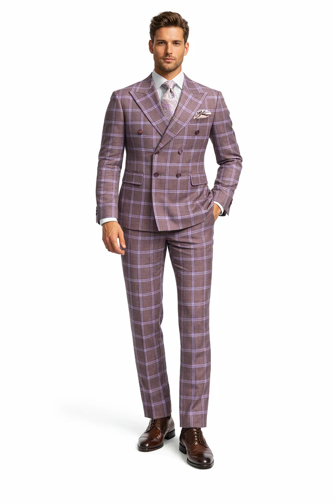 Rossiman Men’s Gray & Lavender Plaid Double-Breasted Suit by USA Men's Outlet