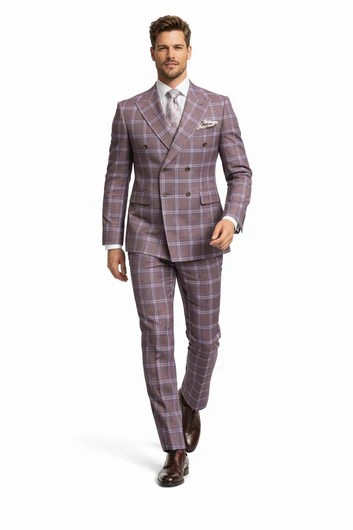 Rossiman Men’s Gray & Lavender Plaid Double-Breasted Suit by USA Men's Outlet