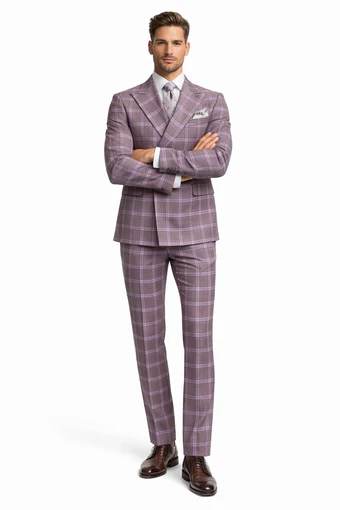 Rossiman Men’s Gray & Lavender Plaid Double-Breasted Suit by USA Men's Outlet