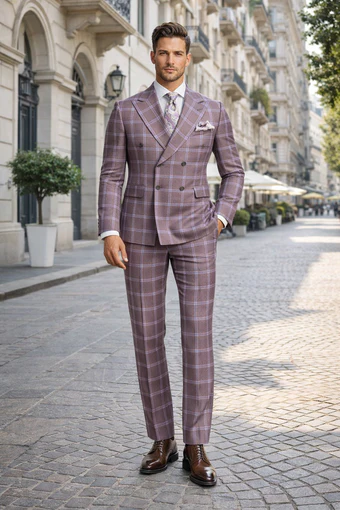 Rossiman Men’s Gray & Lavender Plaid Double-Breasted Suit by USA Men's Outlet
