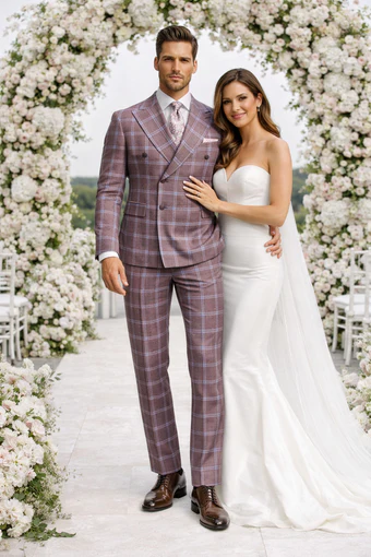 Rossiman Men’s Gray & Lavender Plaid Double-Breasted Suit by USA Men's Outlet