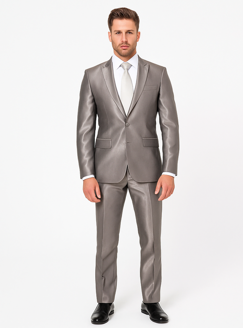 Rossiman Men’s Gray Shiny Sateen Suit - Sleek & Modern Formalwear - Italian Tailored Double-Breasted Luxury Suit USA Men's Outlet
