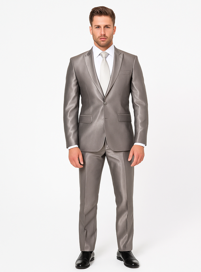Rossiman Men’s Gray Shiny Sateen Suit - Sleek & Modern Formalwear - Italian Tailored Double-Breasted Luxury Suit USA Men's Outlet
