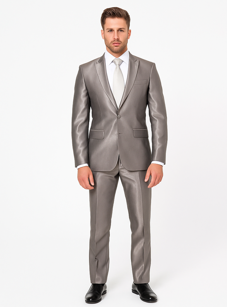 Rossiman Men’s Gray Shiny Sateen Suit - Sleek & Modern Formalwear - Italian Tailored Double-Breasted Luxury Suit USA Men's Outlet