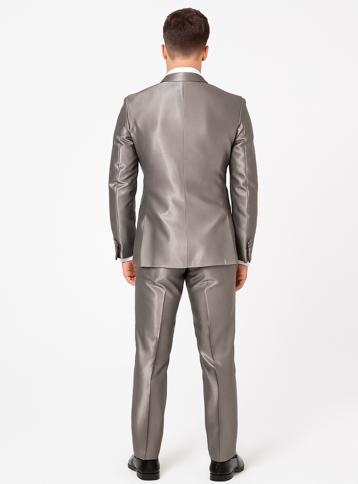 Rossiman Men’s Gray Shiny Sateen Suit - Sleek & Modern Formalwear - Italian Tailored Double-Breasted Luxury Suit USA Men's Outlet