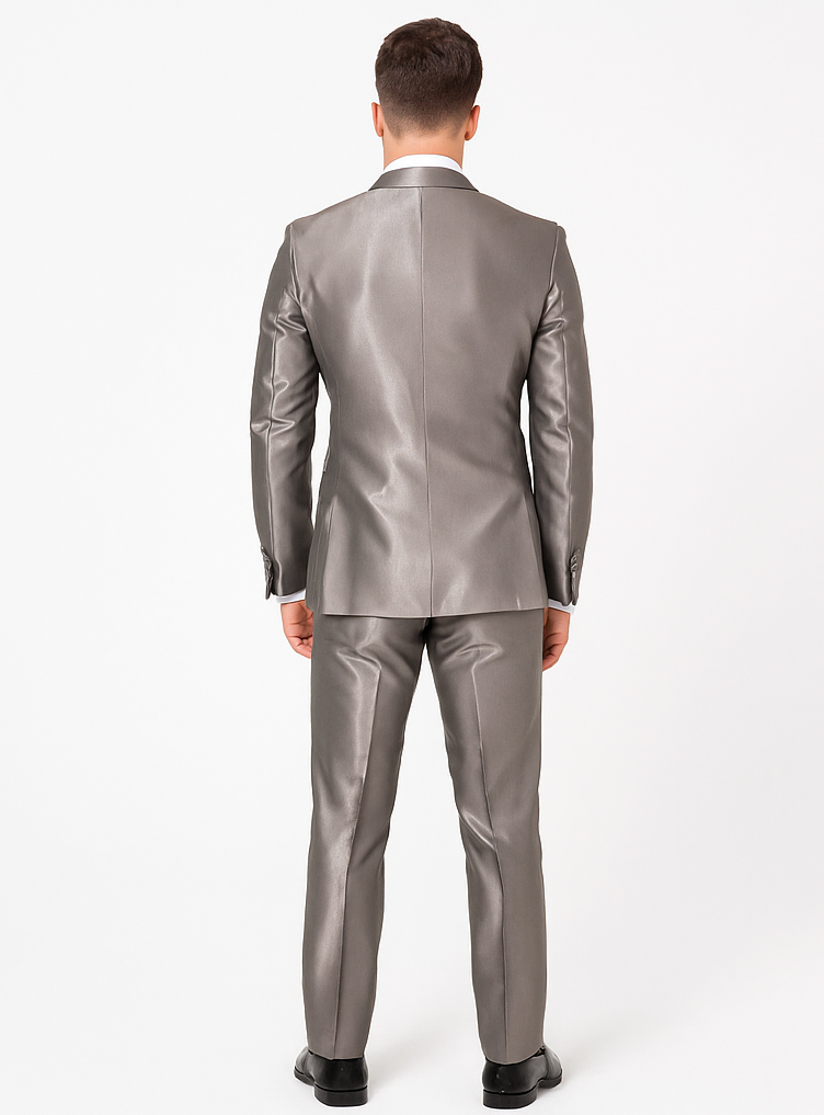 Rossiman Men’s Gray Shiny Sateen Suit - Sleek & Modern Formalwear - Italian Tailored Double-Breasted Luxury Suit USA Men's Outlet