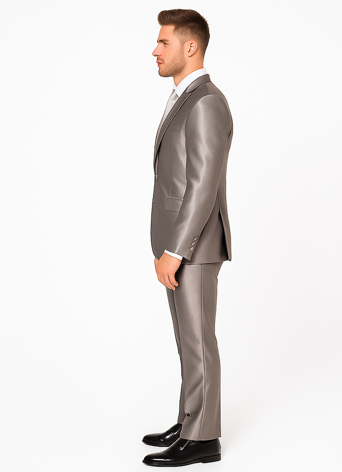 Rossiman Men’s Gray Shiny Sateen Suit - Sleek & Modern Formalwear - Italian Tailored Double-Breasted Luxury Suit USA Men's Outlet