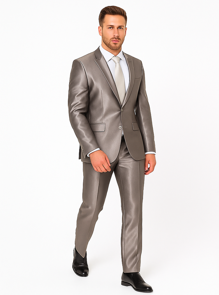 Rossiman Men’s Gray Shiny Sateen Suit - Sleek & Modern Formalwear - Italian Tailored Double-Breasted Luxury Suit USA Men's Outlet