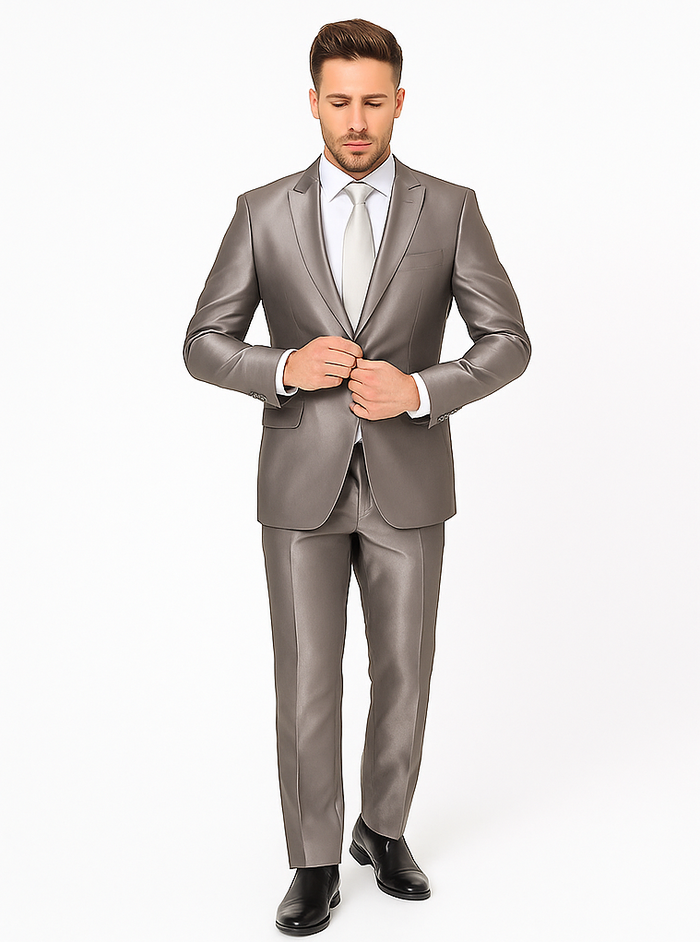 Rossiman Men’s Gray Shiny Sateen Suit - Sleek & Modern Formalwear - Italian Tailored Double-Breasted Luxury Suit USA Men's Outlet