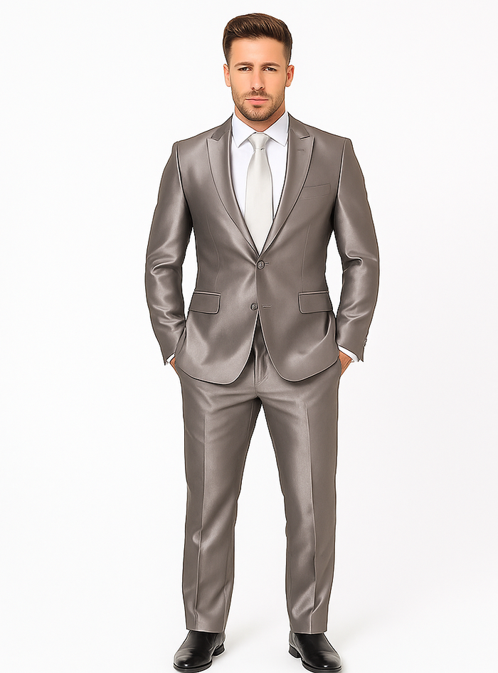 Rossiman Men’s Gray Shiny Sateen Suit - Sleek & Modern Formalwear - Italian Tailored Double-Breasted Luxury Suit USA Men's Outlet