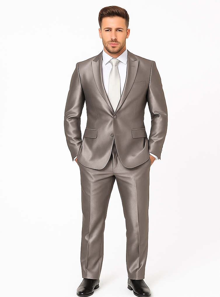 Rossiman Men’s Gray Shiny Sateen Suit - Sleek & Modern Formalwear - Italian Tailored Double-Breasted Luxury Suit USA Men's Outlet