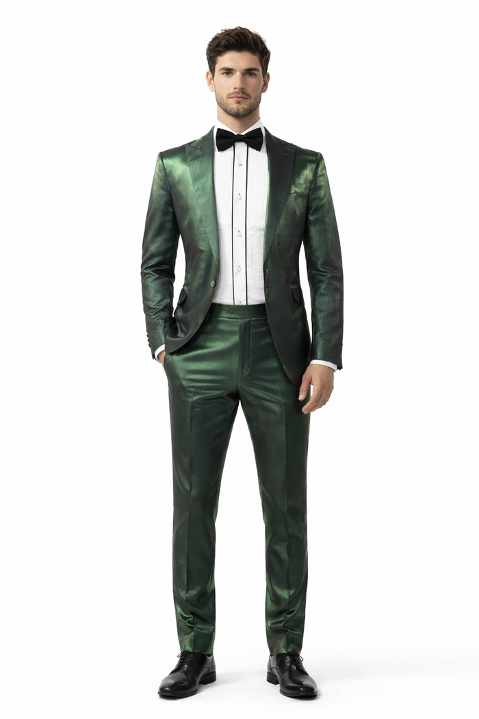 Rossiman Men’s Green Sateen Suit - Glossy Finish with Modern Flair - Italian Tailored Double-Breasted Luxury Suit USA Men's Outlet