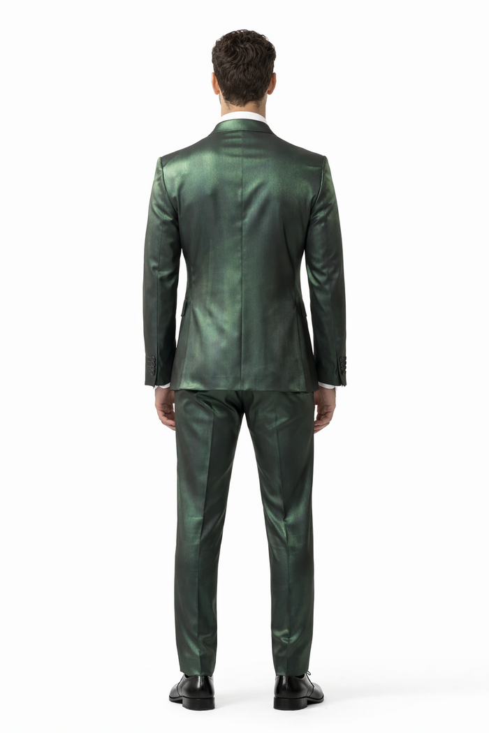 Rossiman Men’s Green Sateen Suit - Glossy Finish with Modern Flair - Italian Tailored Double-Breasted Luxury Suit USA Men's Outlet