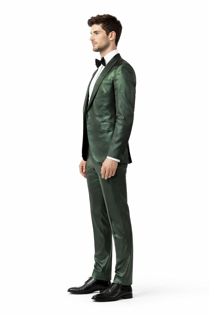 Rossiman Men’s Green Sateen Suit - Glossy Finish with Modern Flair - Italian Tailored Double-Breasted Luxury Suit USA Men's Outlet