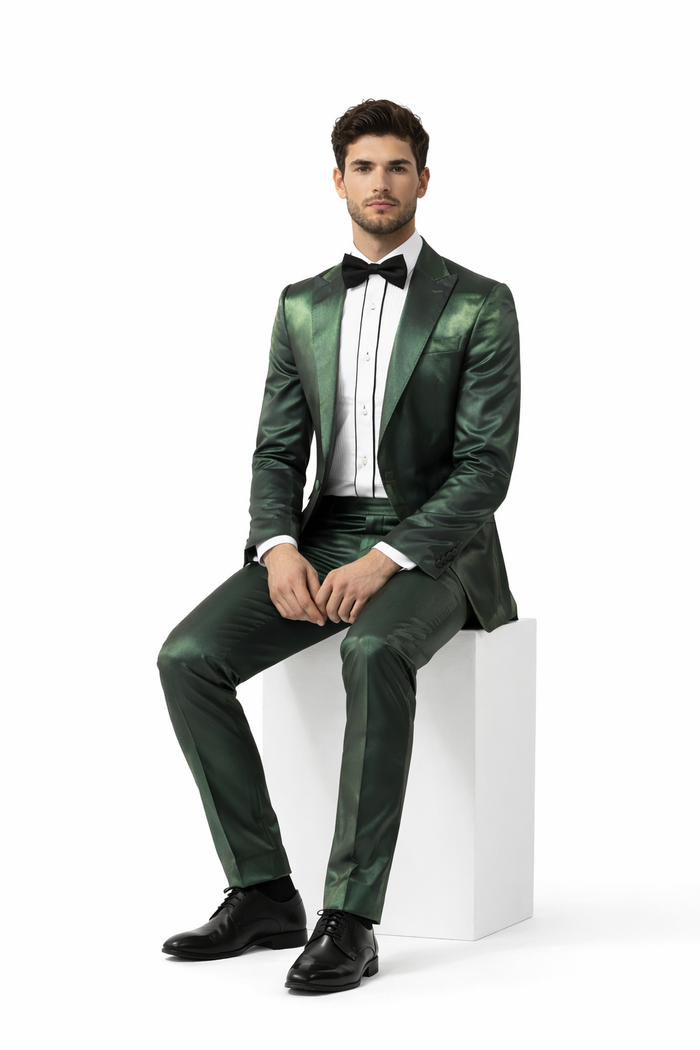 Rossiman Men’s Green Sateen Suit - Glossy Finish with Modern Flair - Italian Tailored Double-Breasted Luxury Suit USA Men's Outlet
