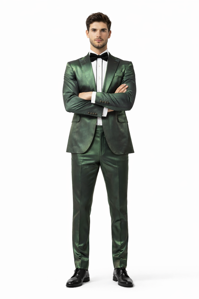 Rossiman Men’s Green Sateen Suit - Glossy Finish with Modern Flair - Italian Tailored Double-Breasted Luxury Suit USA Men's Outlet