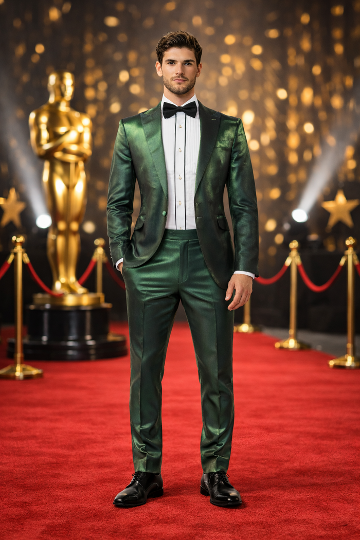 Rossiman Men’s Green Sateen Suit - Glossy Finish with Modern Flair - Italian Tailored Double-Breasted Luxury Suit USA Men's Outlet