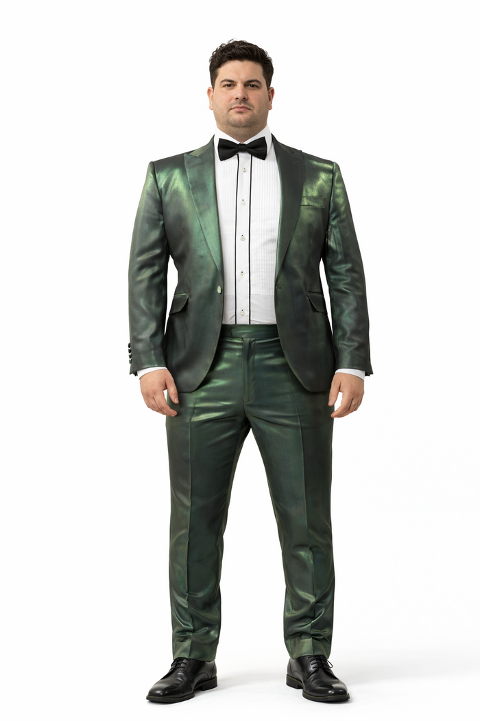 Rossiman Men’s Green Sateen Suit - Glossy Finish with Modern Flair - Italian Tailored Double-Breasted Luxury Suit USA Men's Outlet