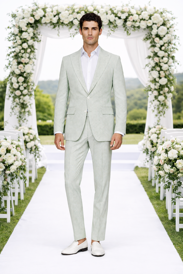 Rossiman Men’s Light Green Seersucker Suit - Peak Lapel Summer Formalwear USA Men's Outlet
