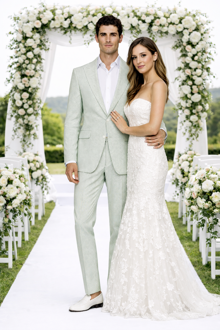 Rossiman Men’s Light Green Seersucker Suit - Peak Lapel Summer Formalwear USA Men's Outlet