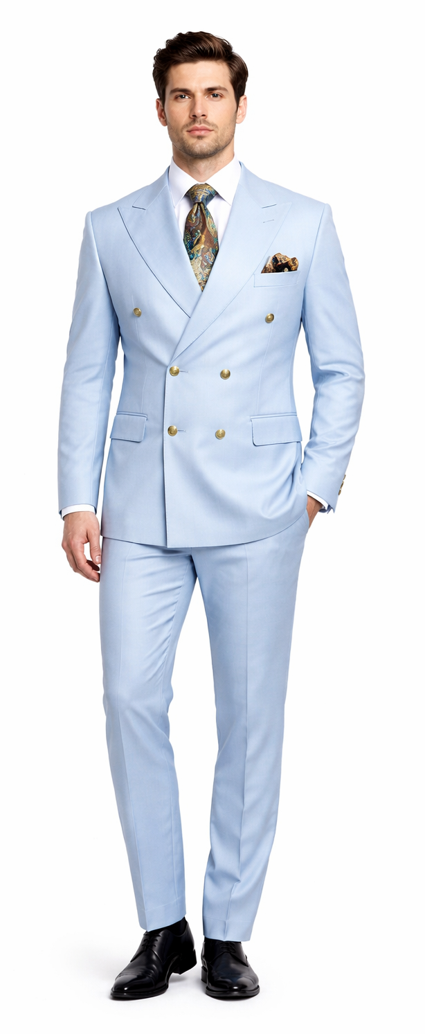 Rossiman Men’s Light Blue Slim Fit Suit - Elegant Double-Breasted Design - Italian Tailored 3-Piece Luxury Suit USA Men's Outlet