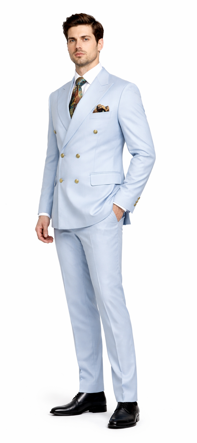 Rossiman Men’s Light Blue Slim Fit Suit - Elegant Double-Breasted Design - Italian Tailored 3-Piece Luxury Suit USA Men's Outlet