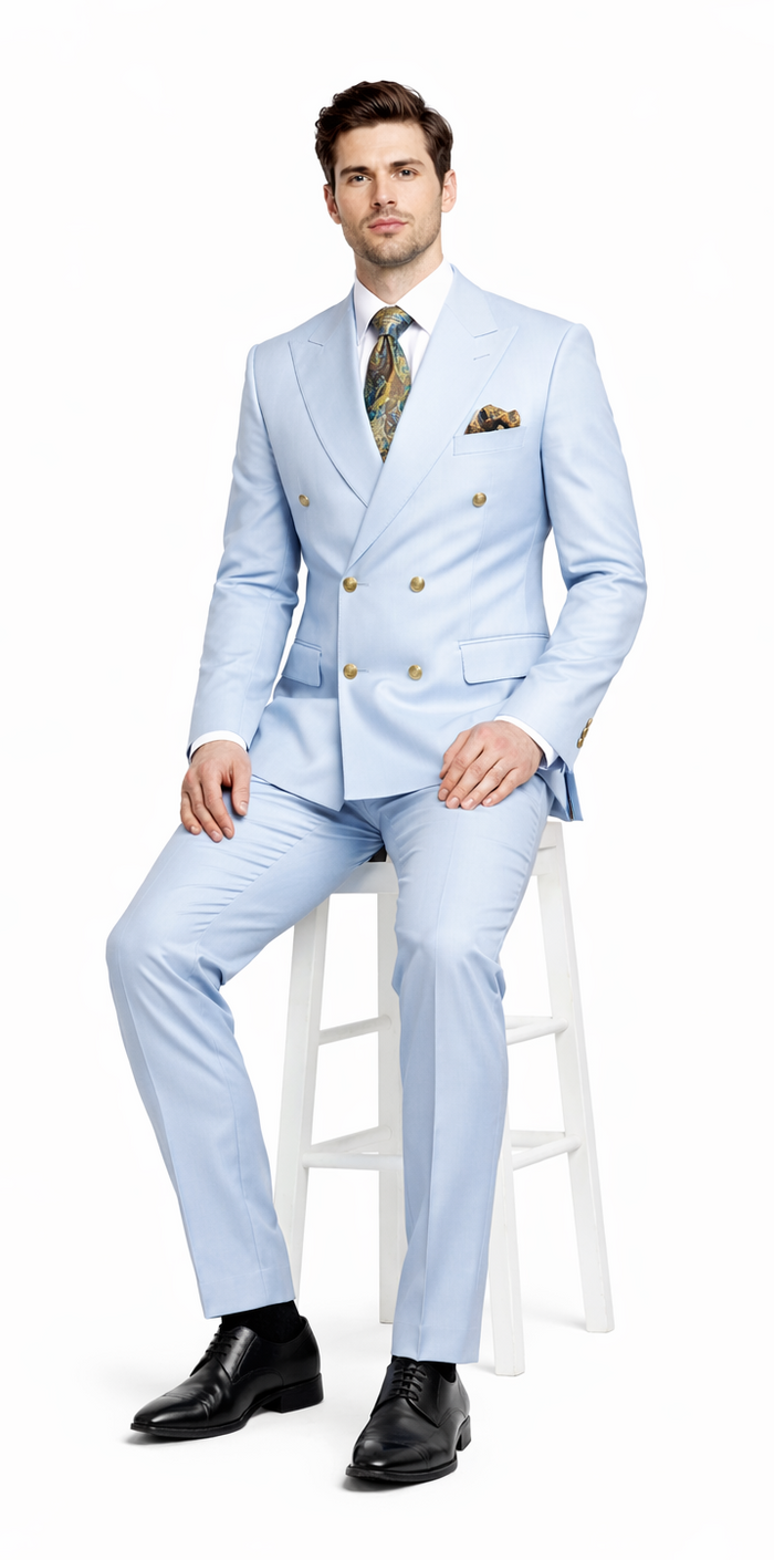 Rossiman Men’s Light Blue Slim Fit Suit - Elegant Double-Breasted Design - Italian Tailored 3-Piece Luxury Suit USA Men's Outlet