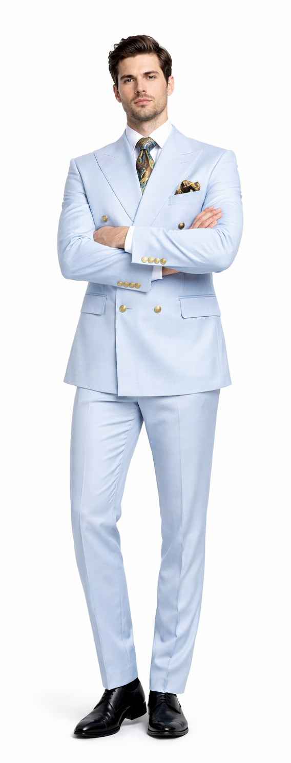 Rossiman Men’s Light Blue Slim Fit Suit - Elegant Double-Breasted Design - Italian Tailored 3-Piece Luxury Suit USA Men's Outlet