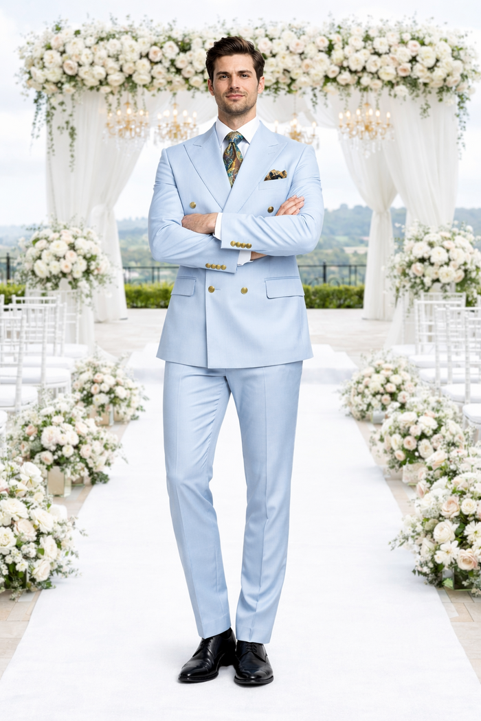 Rossiman Men’s Light Blue Slim Fit Suit - Elegant Double-Breasted Design - Italian Tailored 3-Piece Luxury Suit USA Men's Outlet