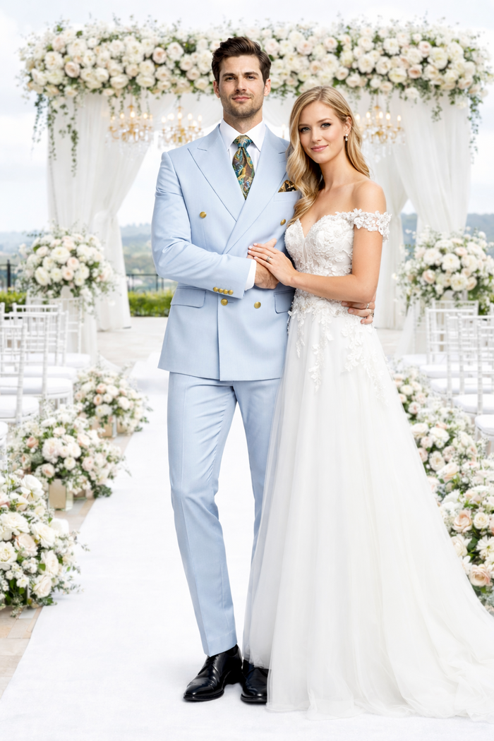 Rossiman Men’s Light Blue Slim Fit Suit - Elegant Double-Breasted Design - Italian Tailored 3-Piece Luxury Suit USA Men's Outlet