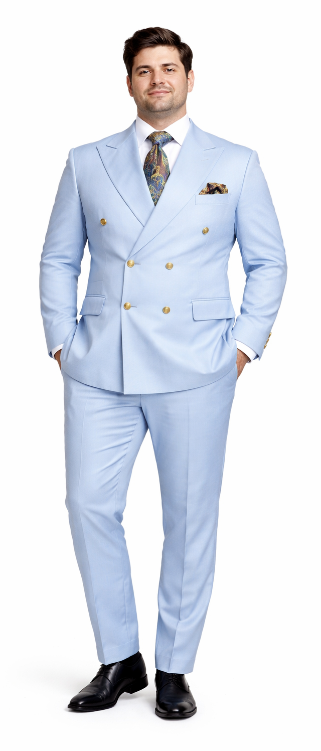 Rossiman Men’s Light Blue Slim Fit Suit - Elegant Double-Breasted Design - Italian Tailored 3-Piece Luxury Suit USA Men's Outlet
