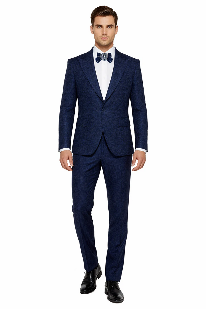Rossiman Men’s Navy Blue Seersucker Suit - Peak Lapel Suit with Tone-on-Tone Shadow Stripe by USA Men's Outlet