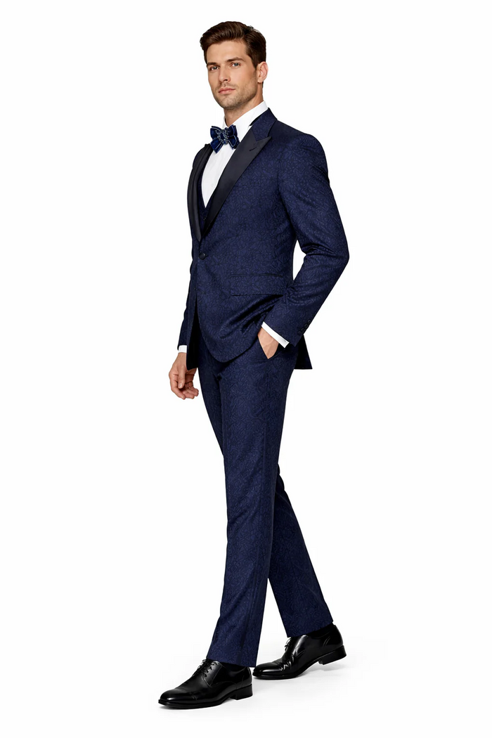 Rossiman Men’s Navy Blue Seersucker Suit - Peak Lapel Suit with Tone-on-Tone Shadow Stripe by USA Men's Outlet