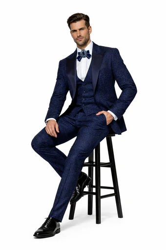 Rossiman Men’s Navy Blue Seersucker Suit - Peak Lapel Suit with Tone-on-Tone Shadow Stripe by USA Men's Outlet