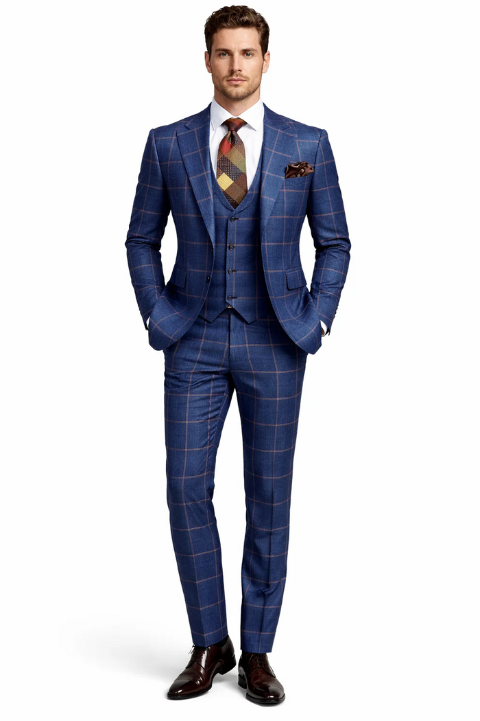 Rossiman Men’s Navy & Gray Plaid Double-Breasted Suit - Two-Piece Formalwear - USA Men's Outlet