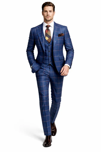Rossiman Men’s Navy & Gray Plaid Double-Breasted Suit - Two-Piece Formalwear - USA Men's Outlet