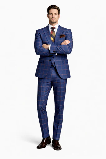 Rossiman Men’s Navy & Gray Plaid Double-Breasted Suit - Two-Piece Formalwear - USA Men's Outlet