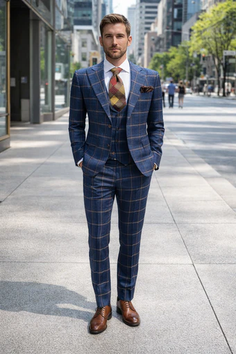 Rossiman Men’s Navy & Gray Plaid Double-Breasted Suit - Two-Piece Formalwear - USA Men's Outlet