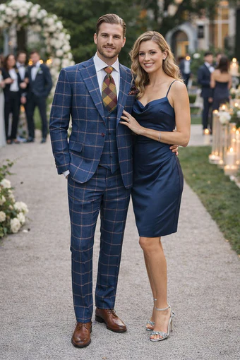 Rossiman Men’s Navy & Gray Plaid Double-Breasted Suit - Two-Piece Formalwear - USA Men's Outlet