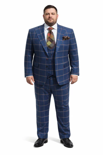 Rossiman Men’s Navy & Gray Plaid Double-Breasted Suit - Two-Piece Formalwear - USA Men's Outlet