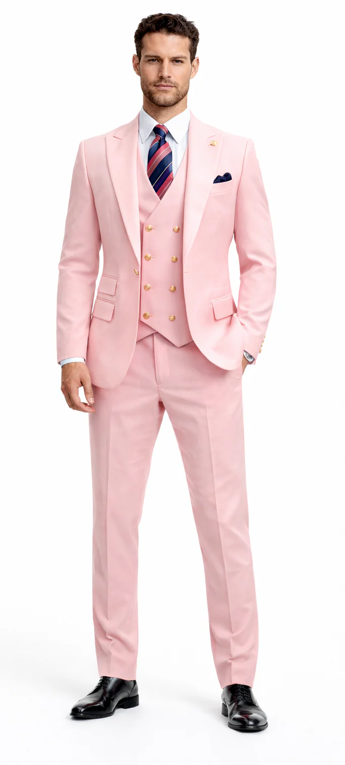 Rossiman Men’s Pink Suit - 1-Button Peak Lapel Jacket & Double-Breasted Vest - Italian Tailored 3-Piece Luxury Suit USA Men's Outlet