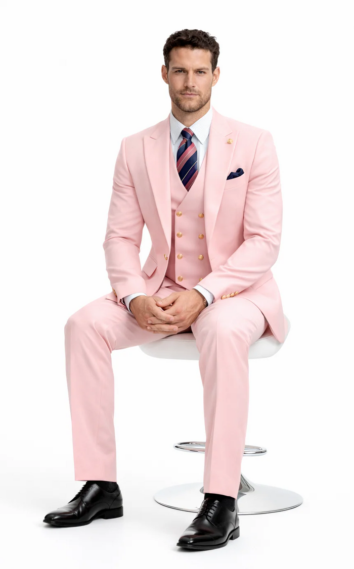 Rossiman Men’s Pink Suit - 1-Button Peak Lapel Jacket & Double-Breasted Vest - Italian Tailored 3-Piece Luxury Suit USA Men's Outlet